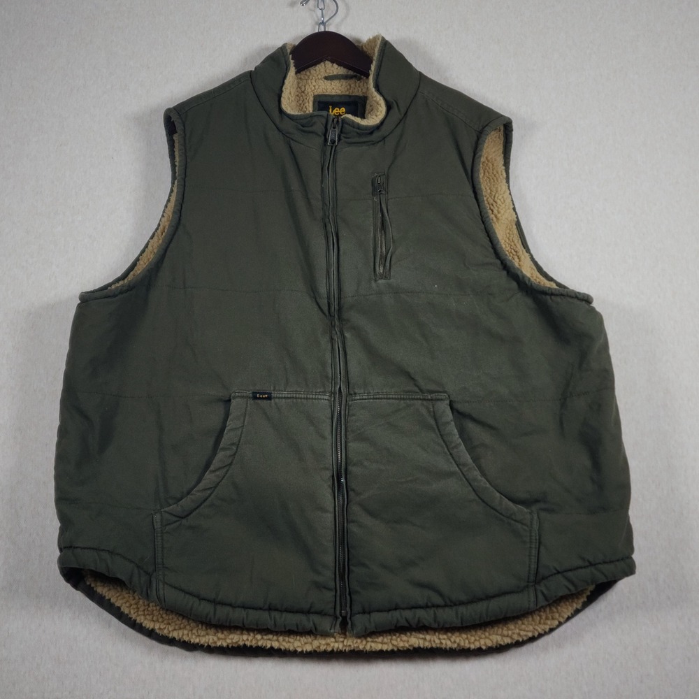 Lee Sherpa Lined Canvas Pocket Workwear Vest Olive Green Mens XXL Canvas Duck
